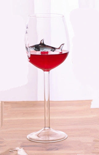 Red Wine Glasses with Rotatable Crystal Shark Inside, Lead-Free Clear Glass