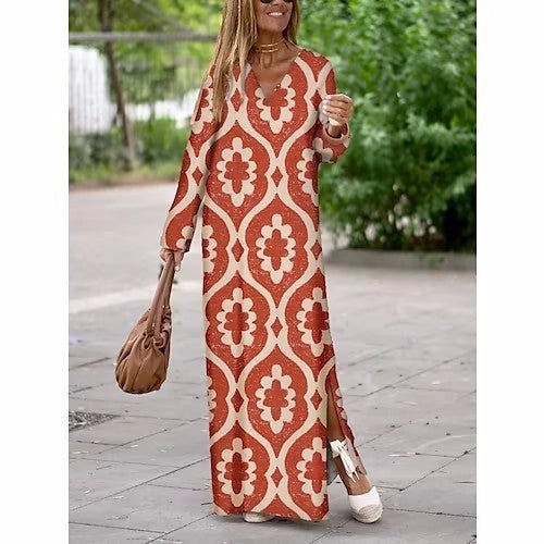 Stylish Geometric Print V-neck Long Dress for Women
