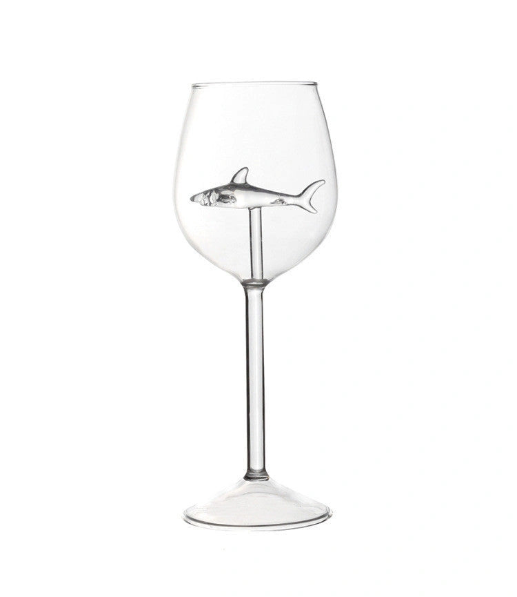 Red Wine Glasses with Rotatable Crystal Shark Inside, Lead-Free Clear Glass