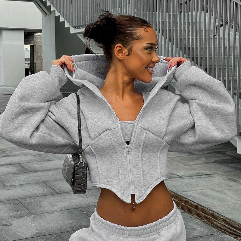 Slim-fit Zipper Hoodie Cardigan with Long Sleeves for Women