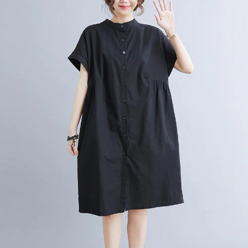 Literary Loose Plain Cotton And Linen Stand Collar Short Sleeves Dress