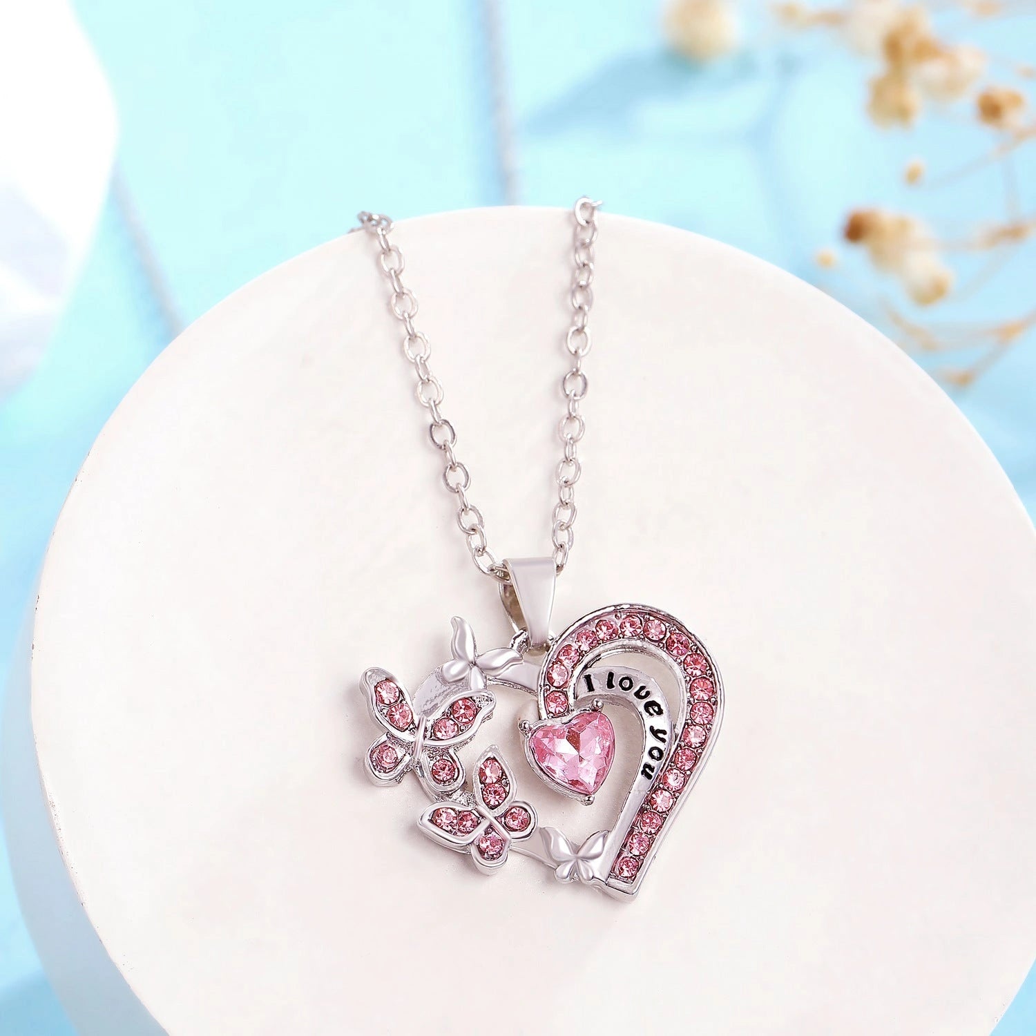Butterfly Love Necklace with Rhinestones and Hollow Heart-shaped Pendant
