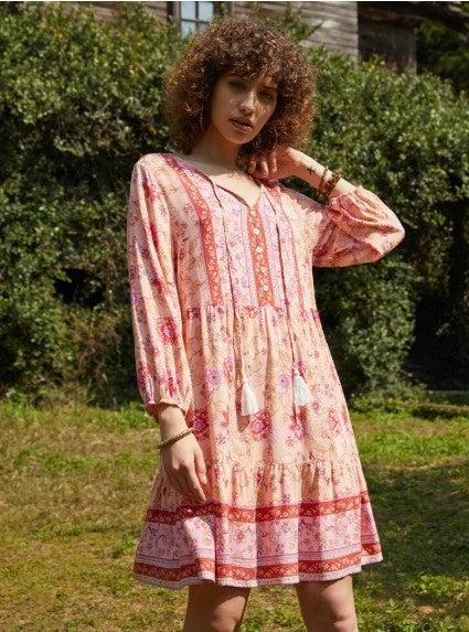 Boho Print Button V-Neck Long Sleeve Fringe Dress in Vibrant Colours