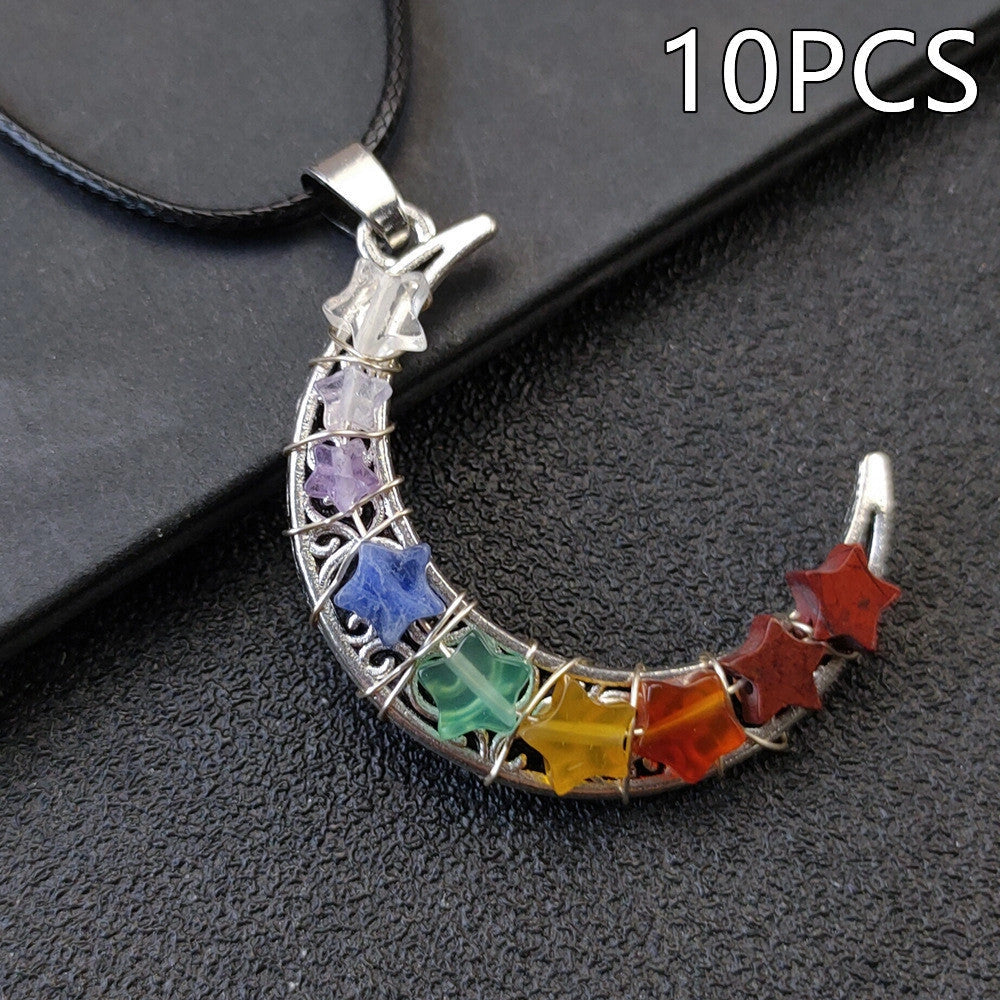 Seven Chakras Crystal Moon Pentagram Necklace