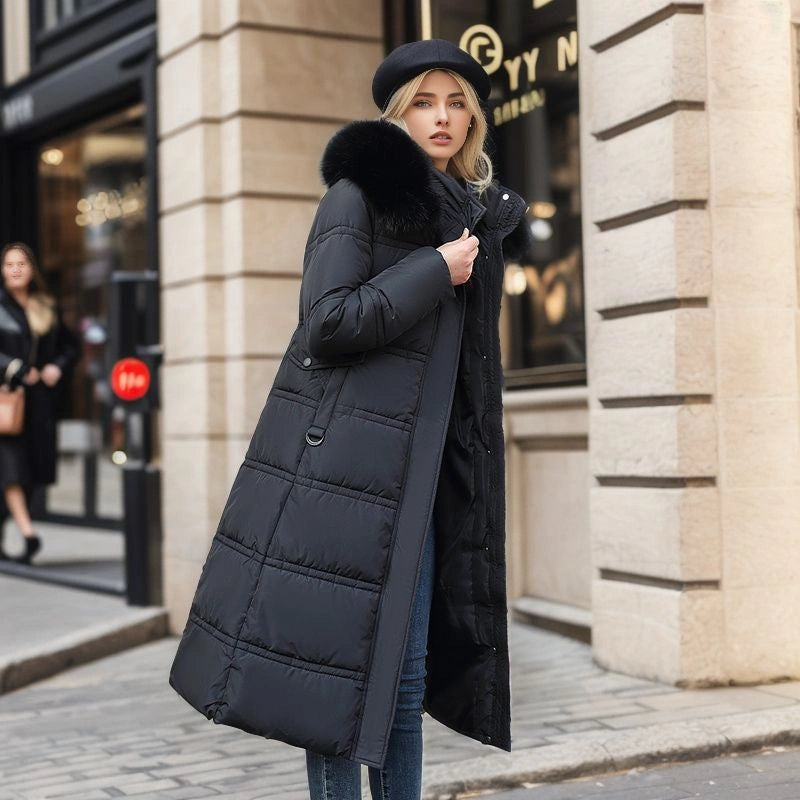 Stylish Women's Winter Coat with Fur Hood and Belt