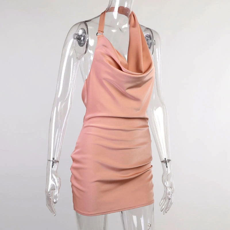Adjustable Satin Party Dress with V-Neck and Backless Design