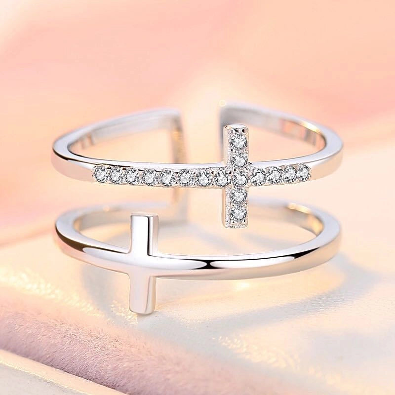 Double Cross Miniature Copper Inlaid Zircon Ring for Women with Adjustable Opening