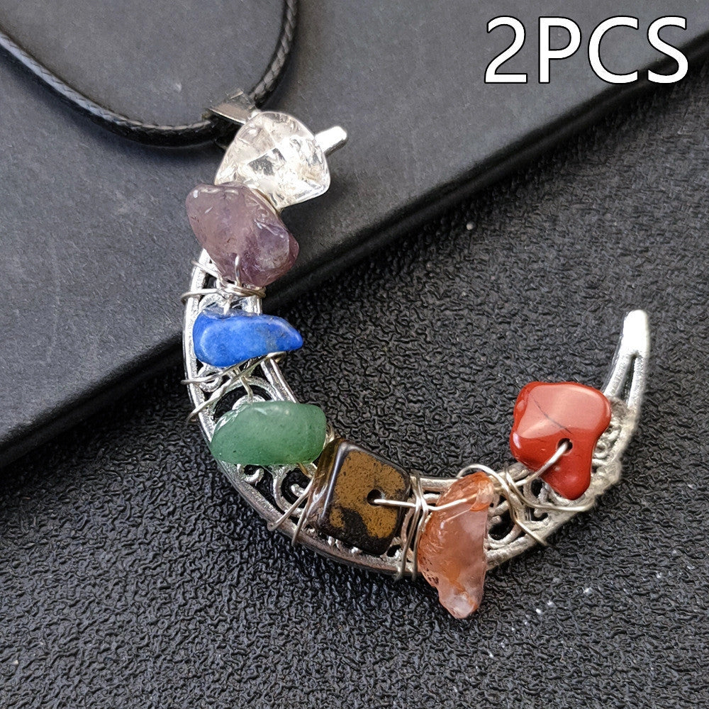 Seven Chakras Crystal Moon Pentagram Necklace