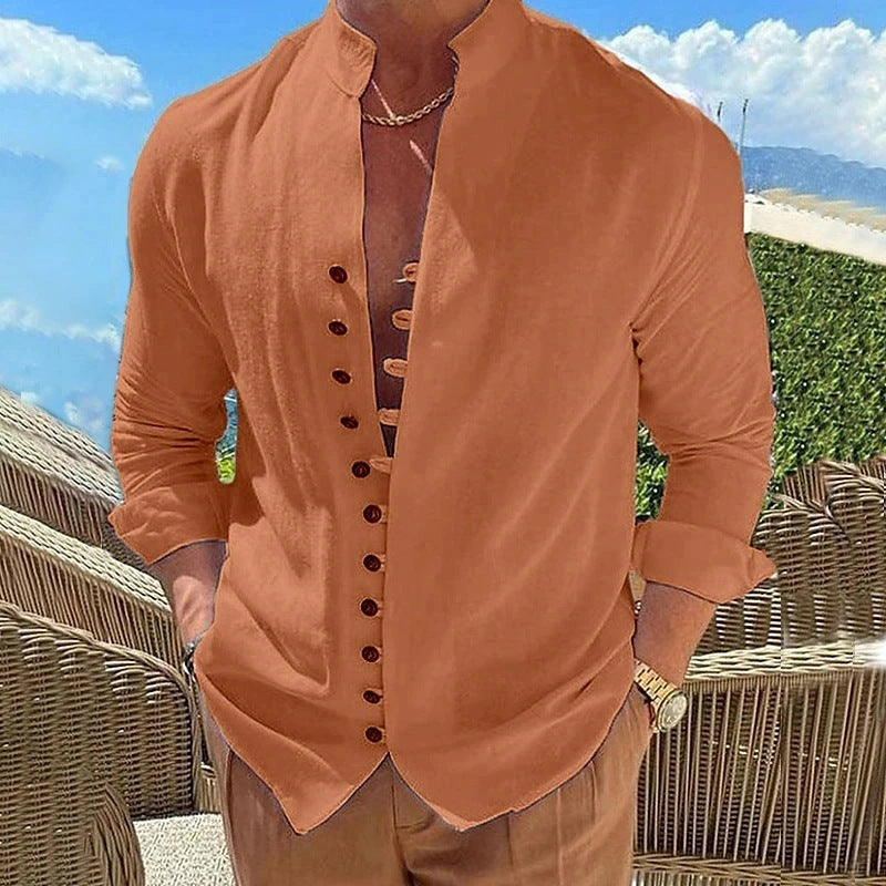 Retro Button Design Long-sleeved Shirt for Men, Casual Loose Fit
