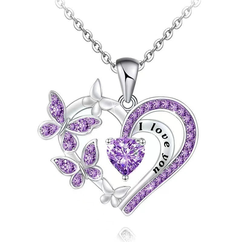 Butterfly Love Necklace with Rhinestones and Hollow Heart-shaped Pendant