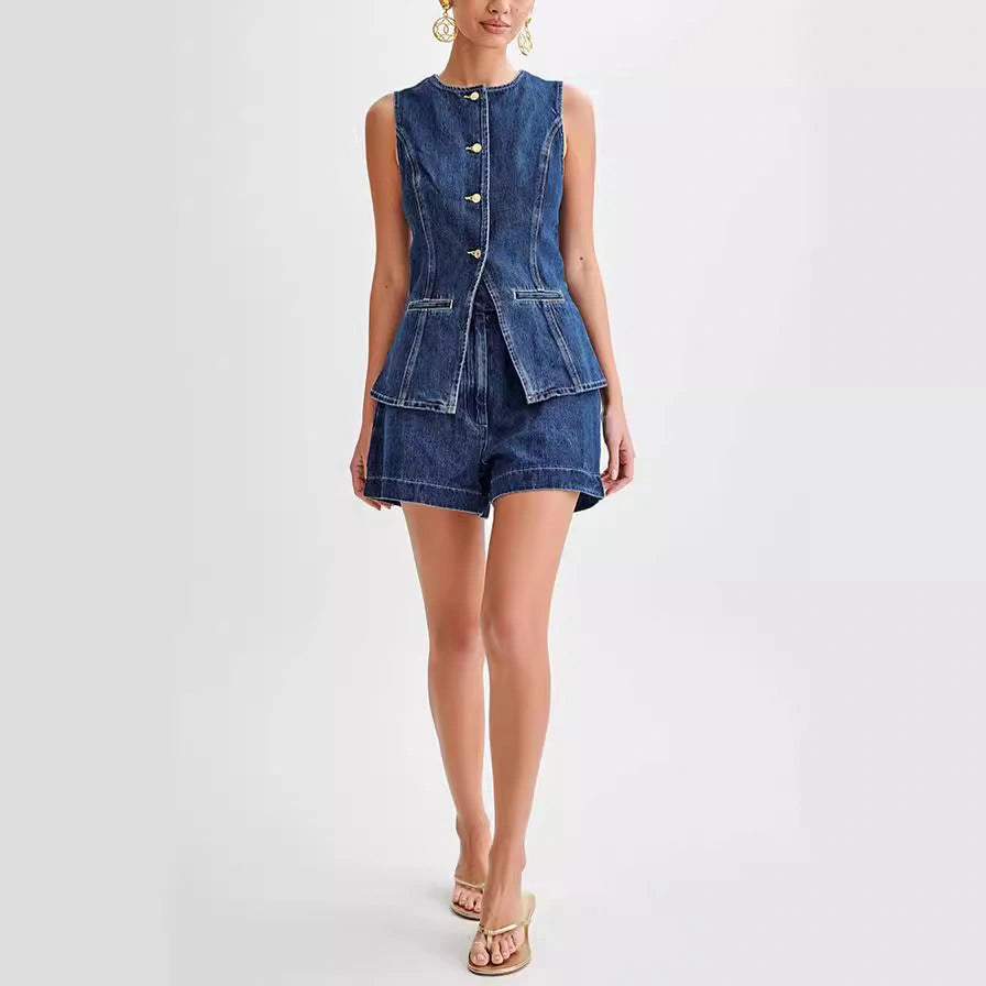 Stylish Denim Vest and High Waist Shorts Set for Women