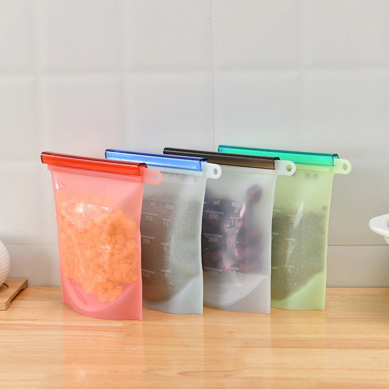 Edible silicone kitchen storage bags with vacuum seal and colour coding