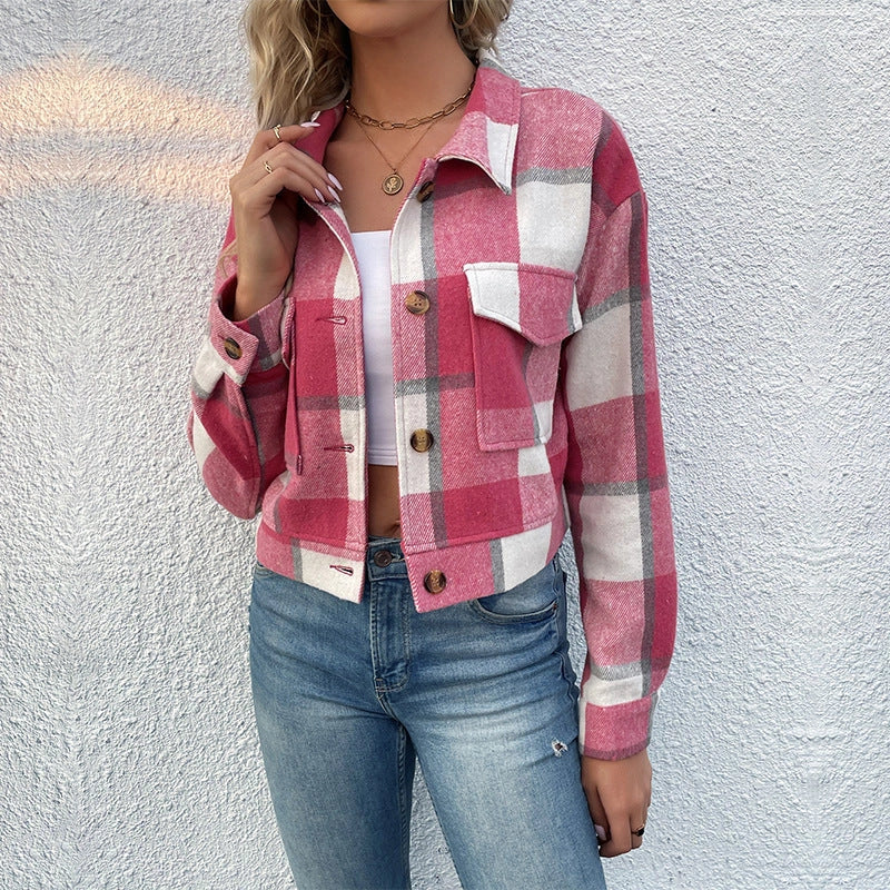 Plaid Lapel Cropped Jacket with Functional Pockets for Women