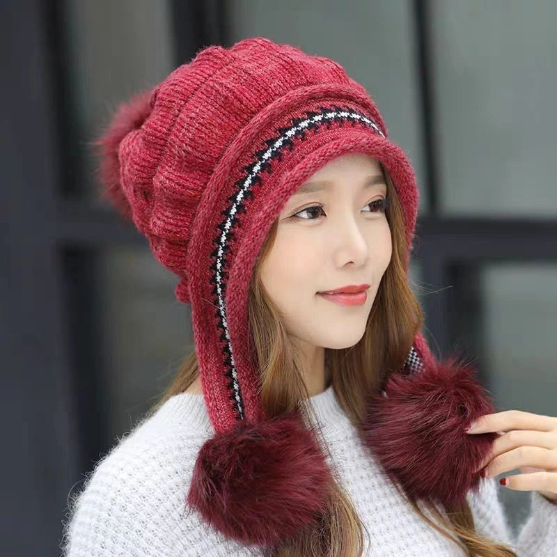 Knit Fleece Beanie with Ear Flaps and Pompom for Winter Warmth