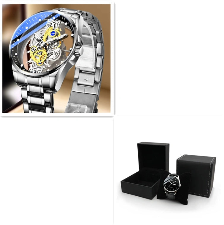 Men's Skeleton Automatic Quartz Watch with Gold Finish and Mineral Glass