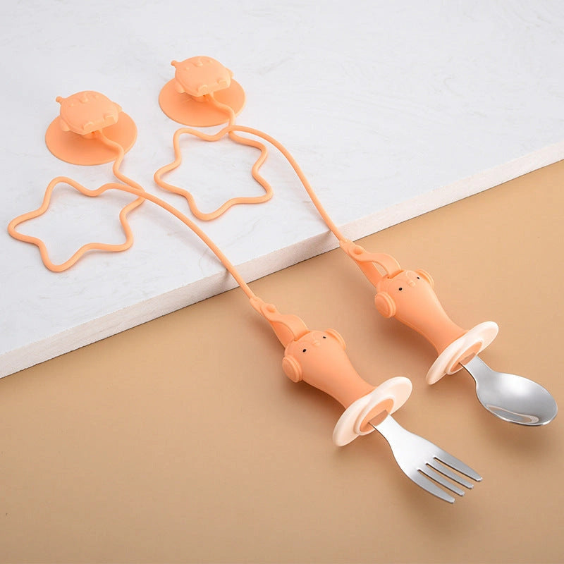 Stainless Steel Infant Training Spoon and Fork Set with Silicone Anti-Drop Chain
