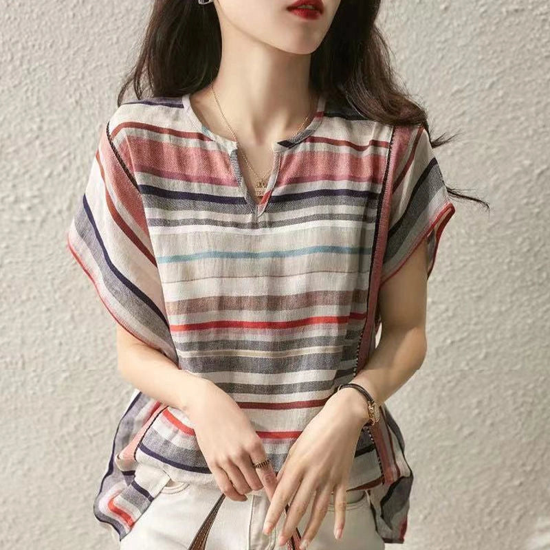 Striped V-neck Cardigan for Women in Loose Fit