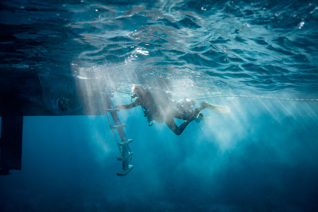 diver in light ray image by logan wood taken with sony a7rv inside an ikelite housign