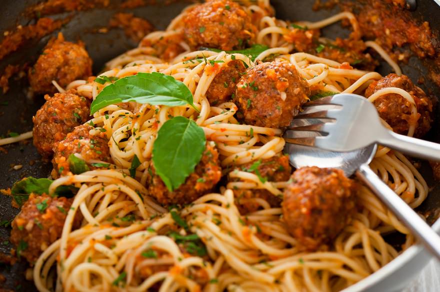 spaghetti meal closeup /><strong>Tips to increase the calorie and protein content of spaghetti and meatballs:</strong></p>
<ul>
<li>Eat a larger portion, especially of the meatballs which is where most of the protein in this recipe is coming from.</li>
<li>Use ground beef that is higher in fat to increase the calorie content, although it would not change the protein content as much.</li>
<li>Consider a high protein pasta, like this <a href=