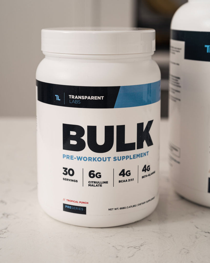Transparent Labs BULK Pre-workout Supplement resting on counter