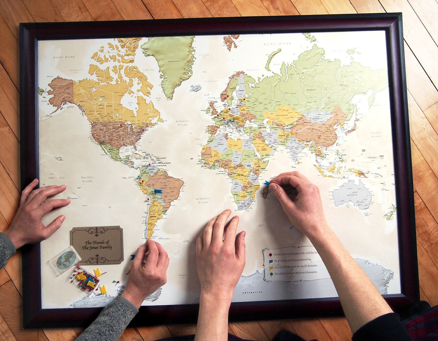 small world travel map with pins