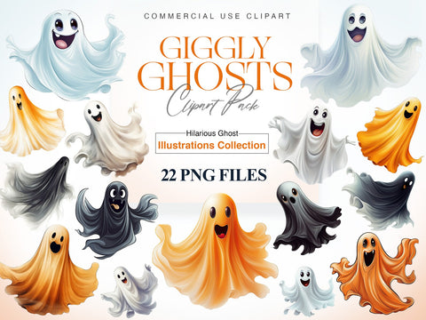 Giggly Ghosts Clipart Pack with 22 PNG Files.