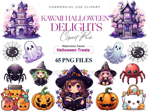 Kawaii Halloweens Delights Clipart Pack with 65 PNG Files.