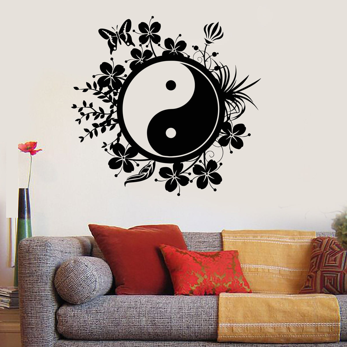 Vinyl Wall Decal Yin Yang Tai Chi Chinese Philosophy Floral Patterns S ...