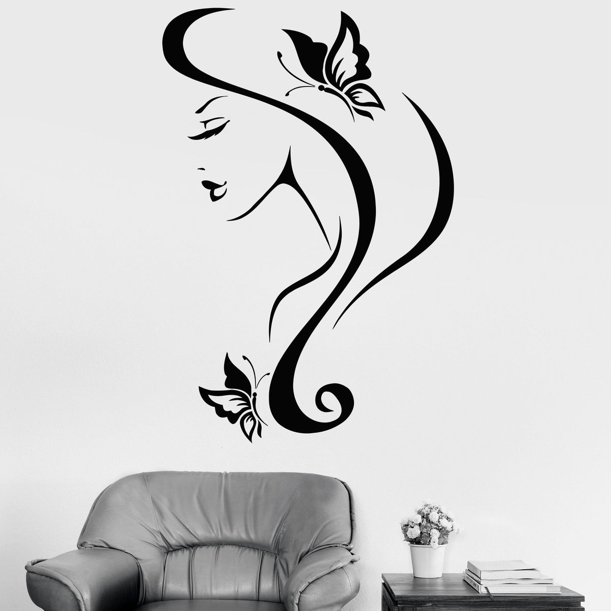 Vinyl Wall Decal Sexy Girl With Hair And Butterfly Spa Salon Decor Uni — Wallstickers4you 