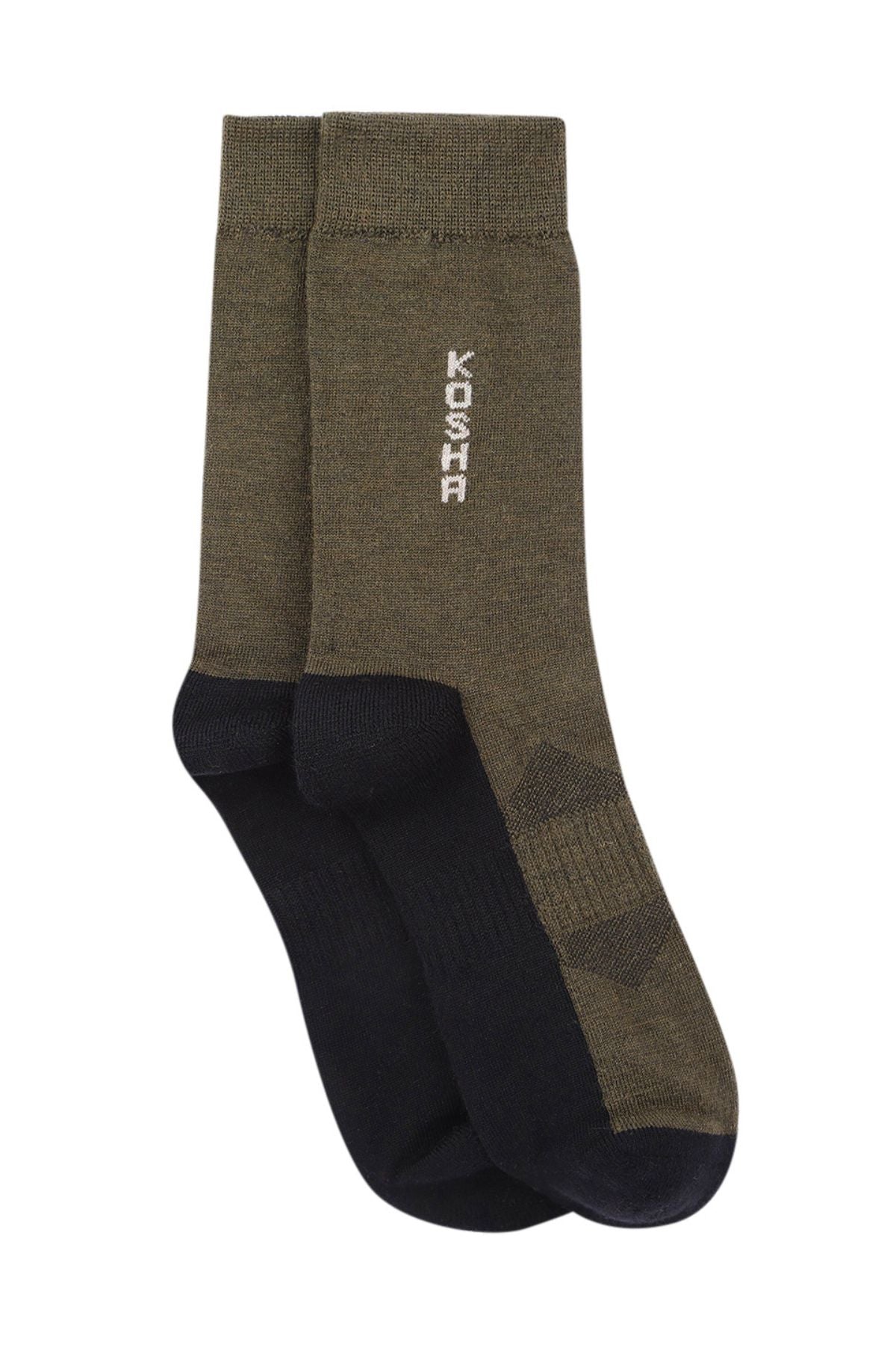 A pair of olive green and black socks with the brand name "KOSHA" embroidered vertically in white letters near the top cuff. The socks have a reinforced heel and toe design.