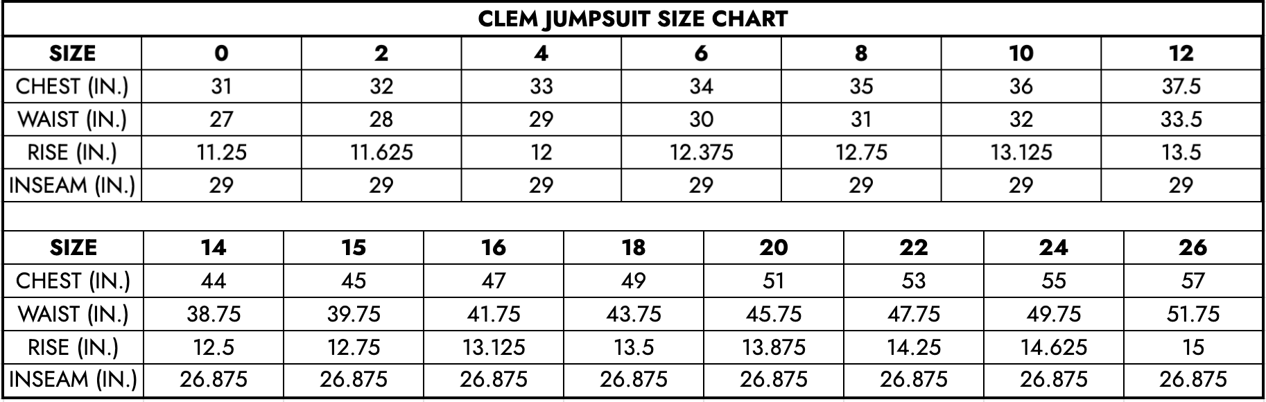 Clem Jumpsuit Size Chart