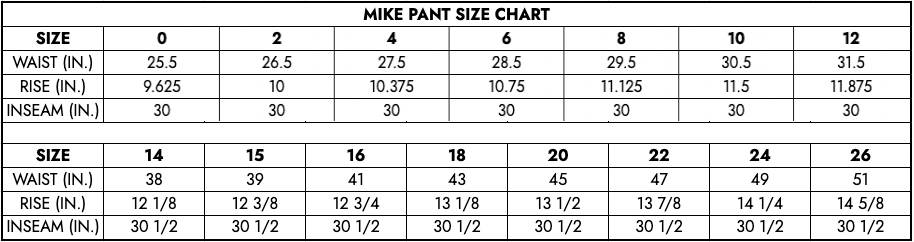 Mike Pant Size Chart