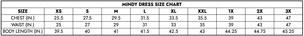 Mindy Dress Size Chart