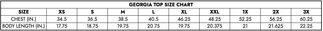 Georgia Top Size Chart