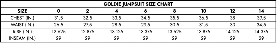 Goldie Jumpsuit Size Chart