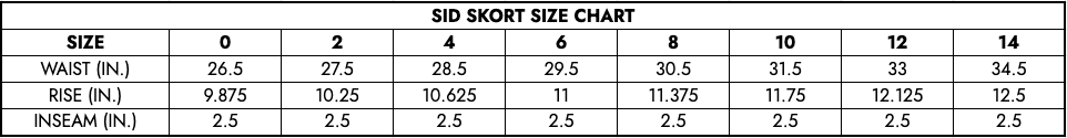 Sid Skort Size Chart