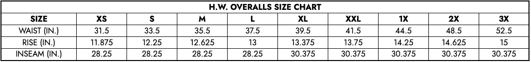 H.W. Overalls Size Chart