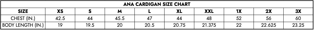 Ana Cardigan Size Chart