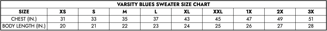 Varsity Blues Sweater Size Chart