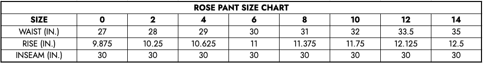 Rose Pant Size Chart