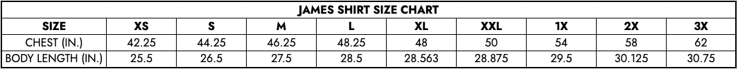 James Shirt Size Chart
