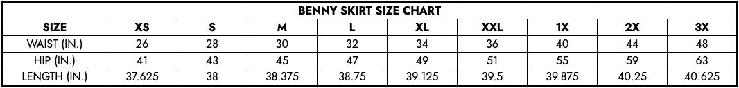 Benny Skirt Size Chart