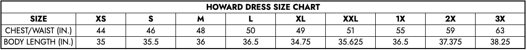 Howard Dress Size Chart