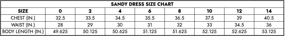 Sandy Dress Size Chart