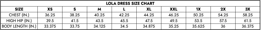 Lola Dress Size Chart