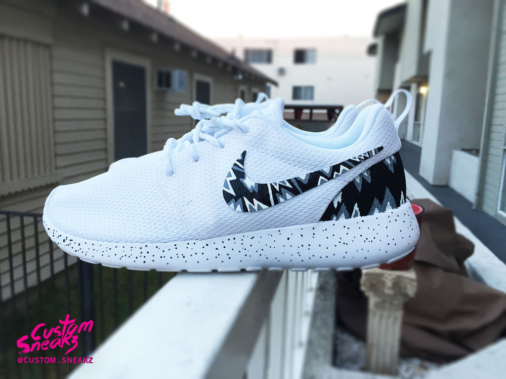 Custom Nike Roshe Run shoes, White with grey and black aztec design, t ...