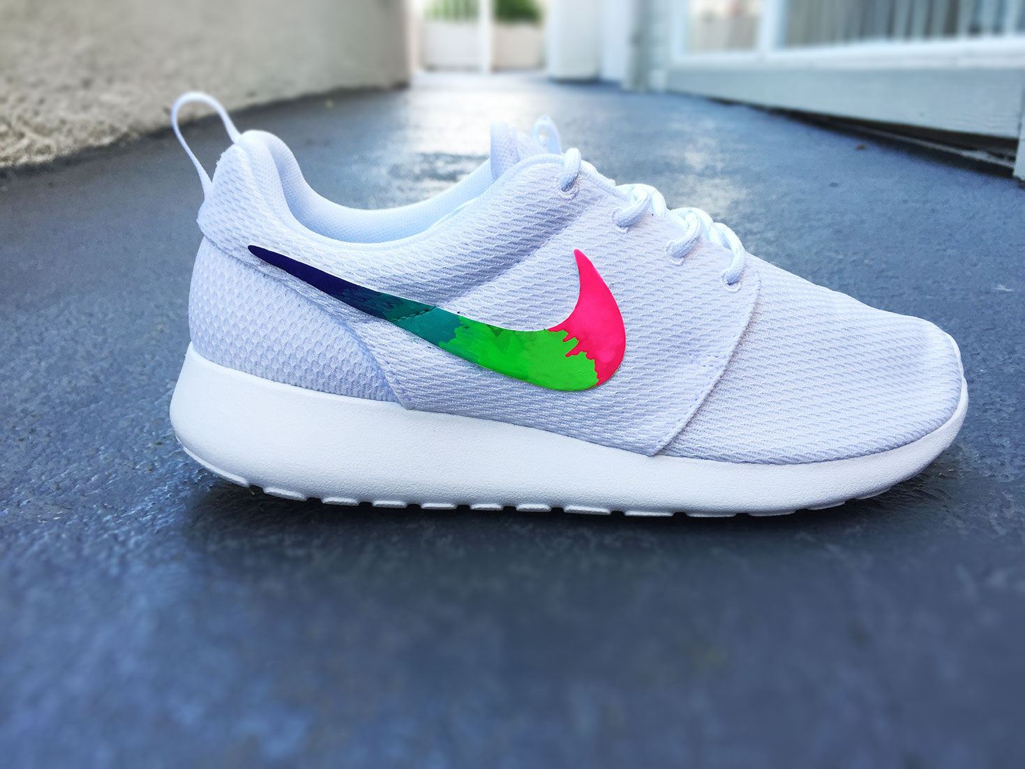 Custom Nike Roshe Run sneakers for women, All white, Rainbow gradient ...