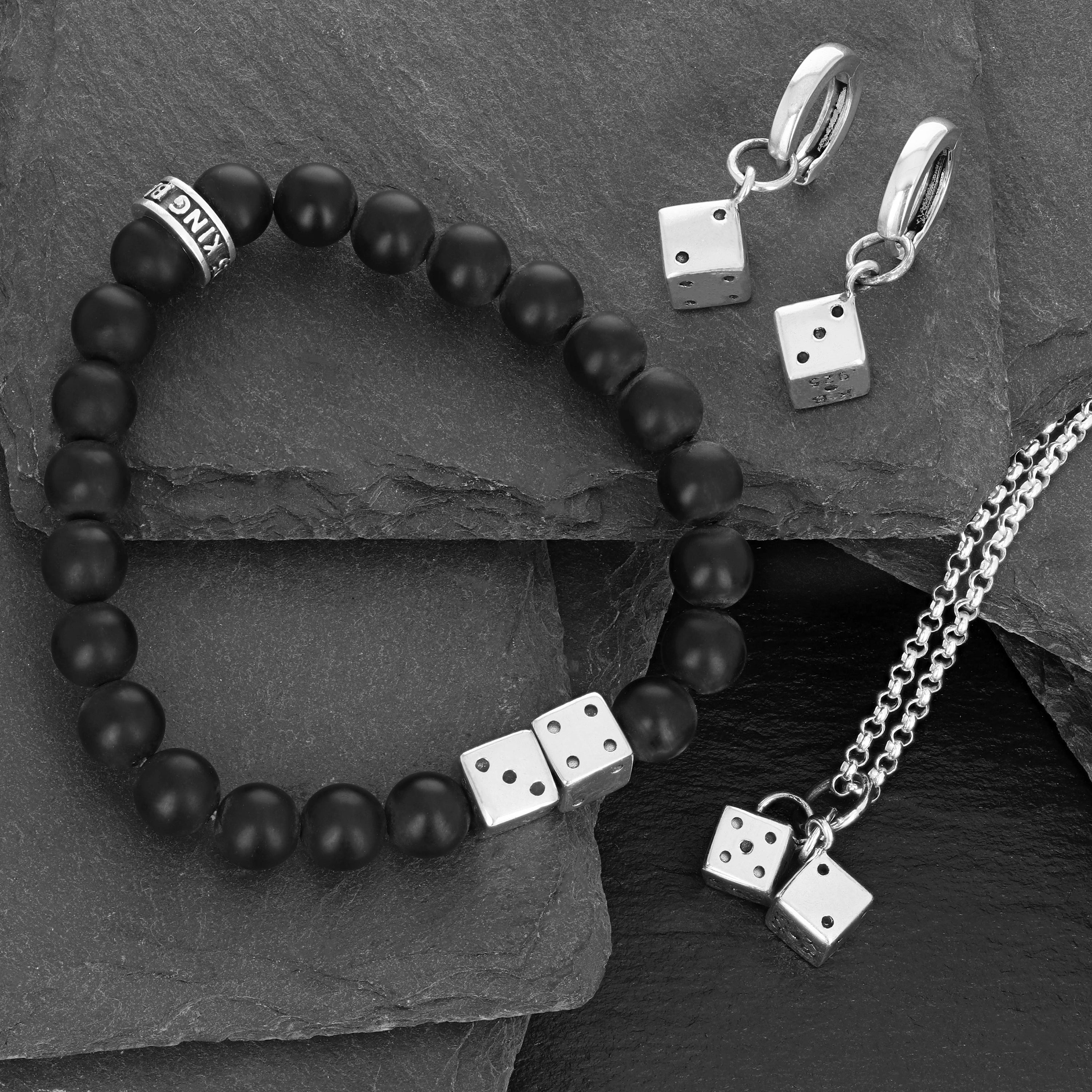 Onyx Bead Bracelet with 2 Silver Dice Beads and Logo Ring