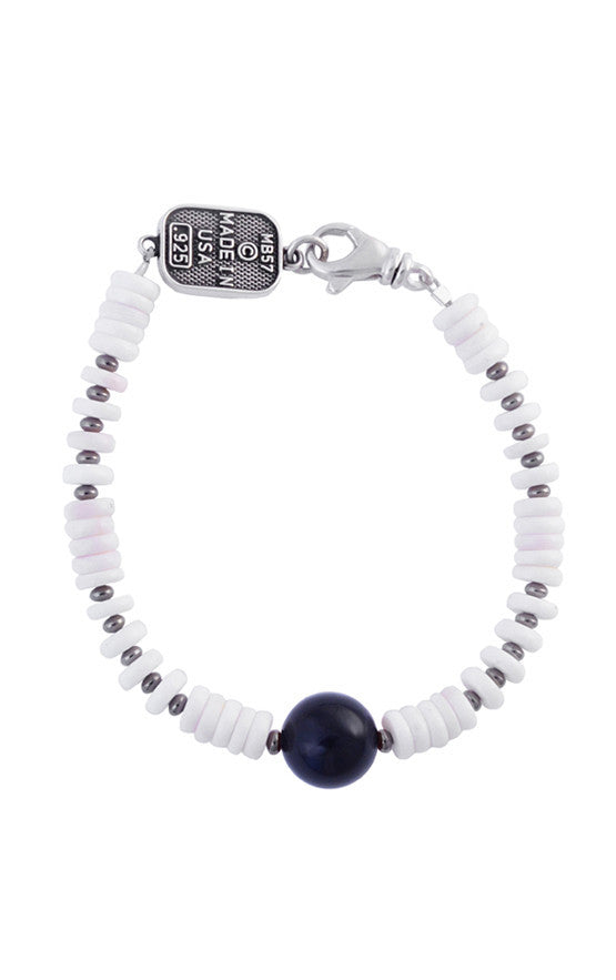 White Shell Bead Bracelet with a Round Onyx Bead