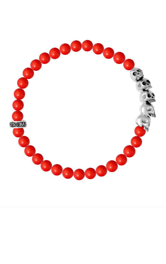 6mm Red Coral Bead Bracelet w/ 4 Skulls | S / Red - King Baby Studio